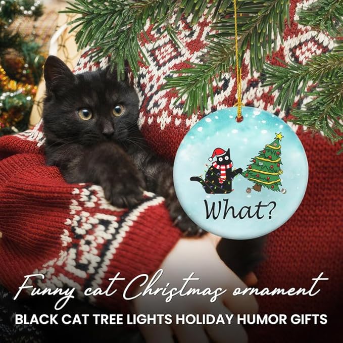 OASSIE Christmas Funny Black Cat Gifts for Women Men - Ceramic Christmas Ornaments 2025 for Tree Decorations - Cat Lover Gifts for Women Animal Lovers, Funny Ornaments, White Elephant Gift Ideas