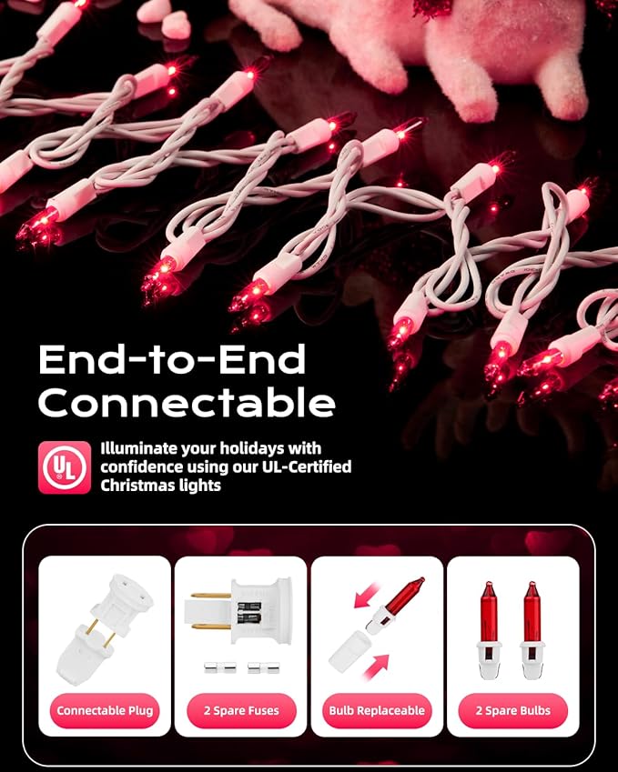 Brightown Pink Mini String Lights, 100-Count 26.5ft Incandescent Bulb Valentine's Day Fairy Lights for Indoor Holiday Decoration, Christmas Tree Garland Wedding Party Multi-Use Decor, White Wire