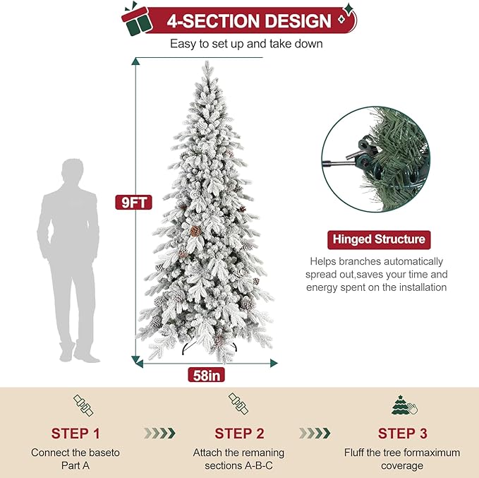 9 FT Snow Flocked Slim Fir Christmas Tree with 2138 PE & PVC Mixed Branch Tips,Unlit Artificial Skinny Pencil Xmas Tree with 52 Pine Cones,Hinged Premium Xmas Trees for Home,Office,Party Decoration