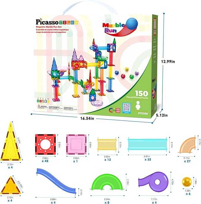 PicassoTiles 150pc Magnetic Marble Run Track Set STEM Construction Toy with Slides Ramps and Tubes Educational Magnet Tile Building Kit Kids Age 3 Plus Learning Gift for Boys Girls Preschool PTG150