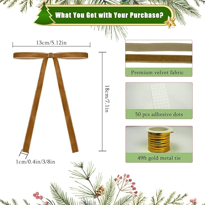 24Pcs Velvet Ribbon 5 x 7 Inch Christmas Ribbon 3/8 Inch Wide Christmas Bows Vintage Velvet Bows for Christmas Tree Camel Bows for Christmas Tree Decorations