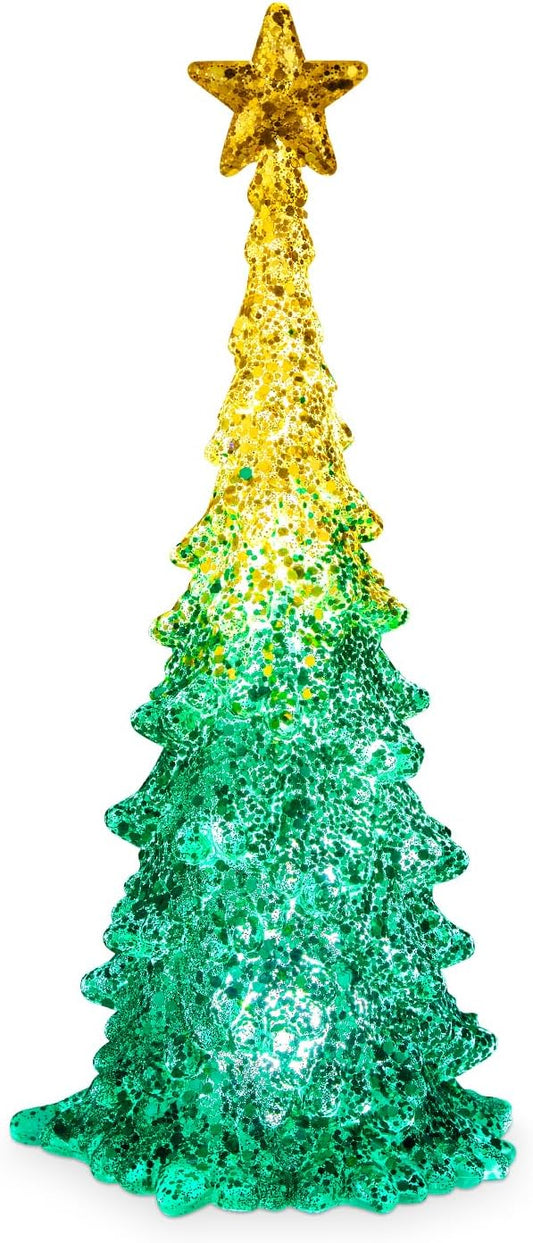 11 Inch Tabletop Christmas Tree with Sparkling Glitter - Battery Operated Acrylic Lighted Christmas Tree for Home Office Fireplace Christmas Holiday Decoration Festive Decor Gift, White Glow