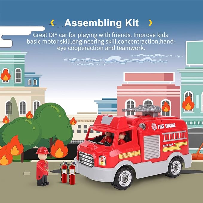 REMOKING DIY Assembly Fire Truck, Educational Playset with Power Drill, Realistic Sounds & Lights (3+)