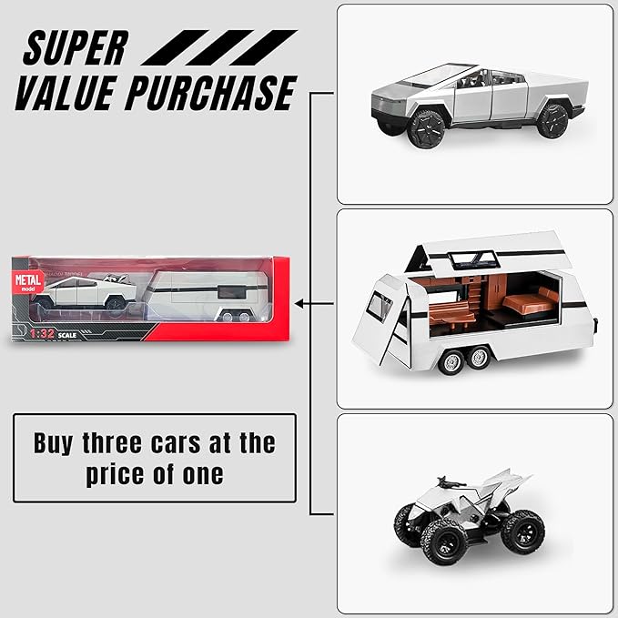 1/32 PickTruck Toy for Kids, Pickup Trailer RV Model Kit with Beach Motorcycle, Diecast Metal RV Car Model Pickup Truck Toy with Sound/Light/Pull Back Power, Ideal Gift for Boys Aged 6 and Up (Silver)