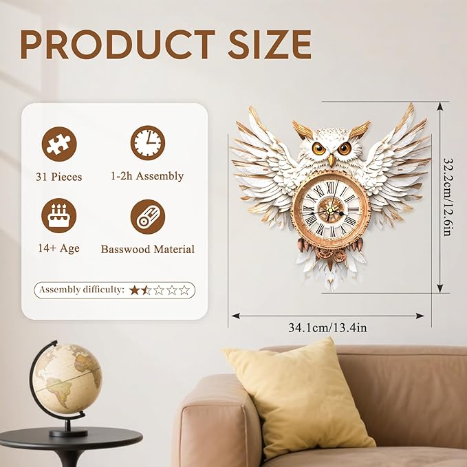 3D Puzzles for Adults Clock-Snowy Owl Design Model Kit-Mechanical DIY Pendulum Clock with Roman Numerals-Desk Home Office Decor Personalized Gift for DIY Lovers