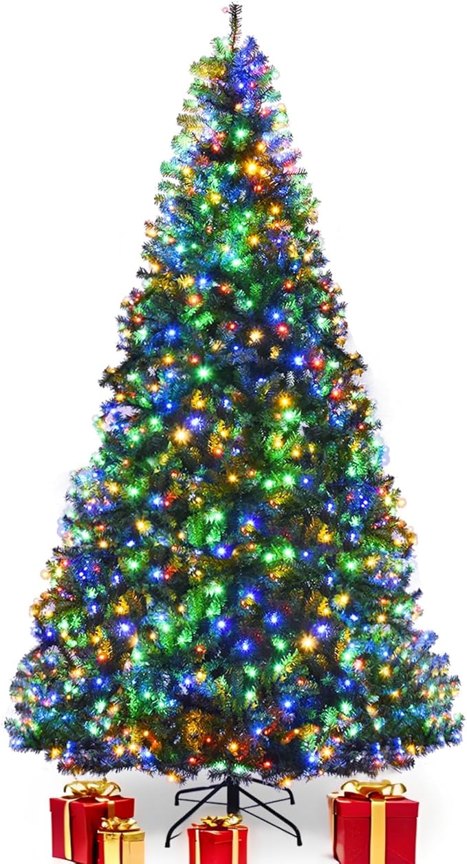 COSTWAY 9 FT Pre-lit Christmas Tree, Artificial Xmas Tree with 1000 Warm White & Multicolored Lights, 11 Modes, 2944 Branch Tips, Metal Support, Holiday Decoration Fake Tree for Home, Office, Party