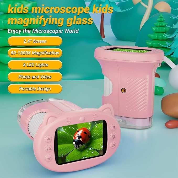 2.4" Screen Pocket Kids Microscope: 1000X Handheld Microscope for Photo and Video - Portable Science Kits STEM Toys – Christmas/Birthday Gifts for Girls & Boys Ages 3-12(Pink)