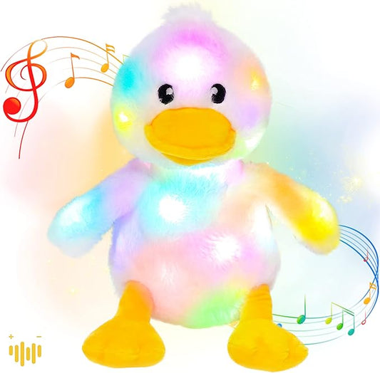 Hopearl LED Musical Stuffed Duck Lighting Up Singing Duckling Plush Toy Adjustable Volume Lullaby Animated Soothe Birthday Gifts for Kids Toddler Girls, White, 11''