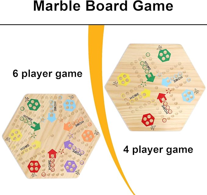 Original Marble Game Wahoo Board Game Double Sided Painted Wooden Fast Track Board Game for 6 and 4 Players 6 Colors 24 Marbles 6 Dice for Family Friends