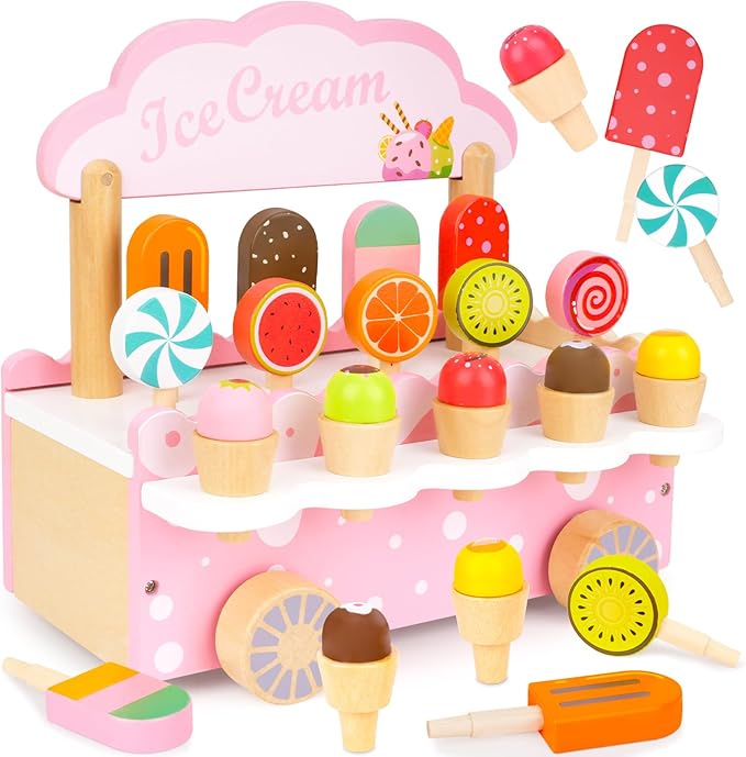 Wooden Play Toys for Toddler Girls 3-5 - Ice Cream Truck Cart Pretend Toys for Kids Ages 2-4, Montessori Toys Kitchen Popsicles Play Store Birthday Gifts for Girls Boys Toddlers 3 4 5 6 Year Old