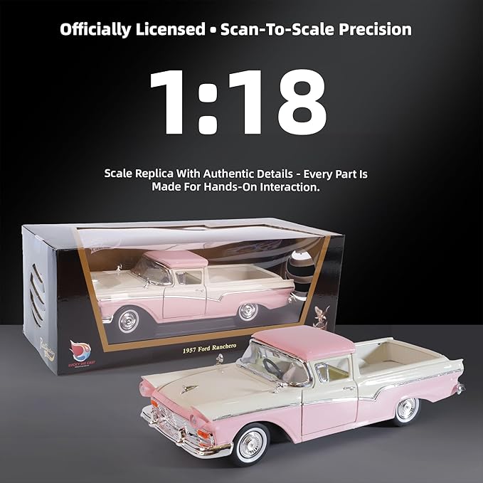 1957 Ford Ranchero 1:18 Diecast Model Officially Licensed Alloy Collection Car w/Working Doors & Hood, Classic Pickup Best Gift for Men, Dad & Kids 14+ Years (Pink)