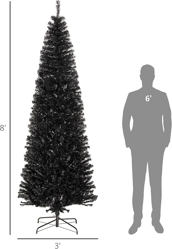 HOMCOM 8ft Pencil Christmas Tree, Unlit Artificial Christmas Tree Slim Douglas Fir Xmas Tree with Realistic Branches, Halloween Tree with 1168 Tips, Black