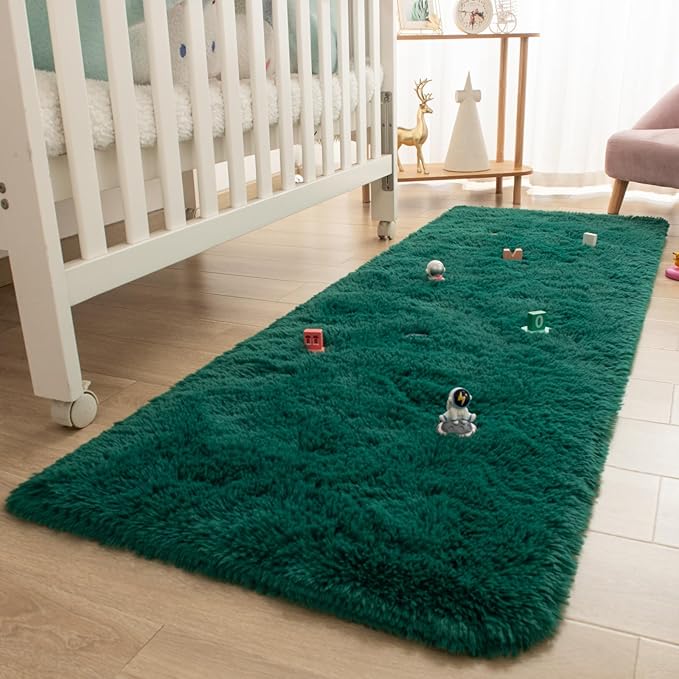 2x6 Dark Green Fluffy Bedside Runner Rug Machine Washable, Shag Throw Bedroom Rugs Non Slip, Hallway Small Area Long Plush Carpet for Nursery, Kid Boy Girl Room