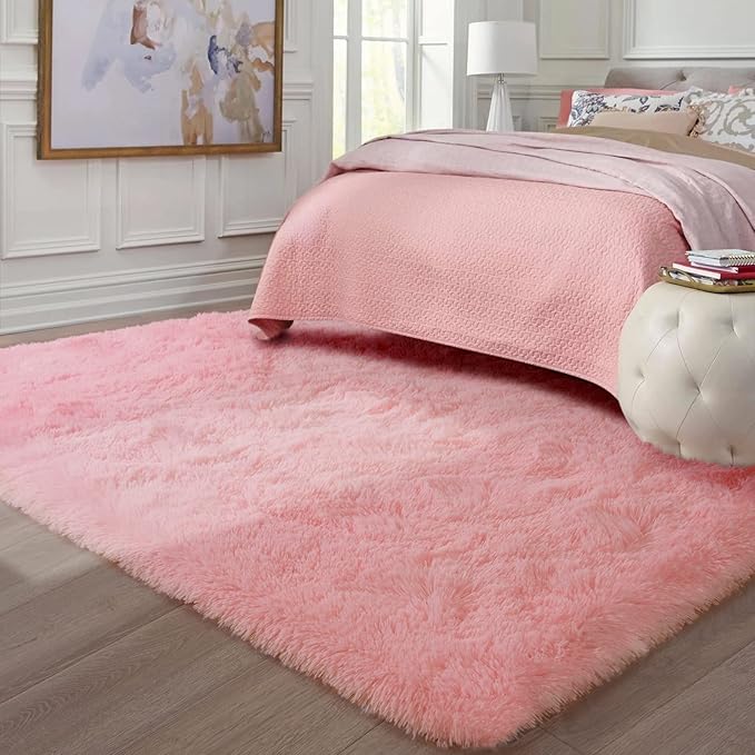 Ompaa Pink 8x10 Feet Large Area Rugs Fluffy Living Room Carpet, Wall to Wall Big Shag Pink Rug for Bedroom Girls Playroom Classroom Nursery Home Office Decor