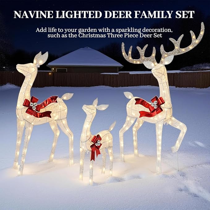 3-Piece 3D Christmas Deer Family Set, Lighted Christmas Decoration with 225 LED Lights, Christmas Decor Reindeer for Indoor Outdoor Yard Porch, White