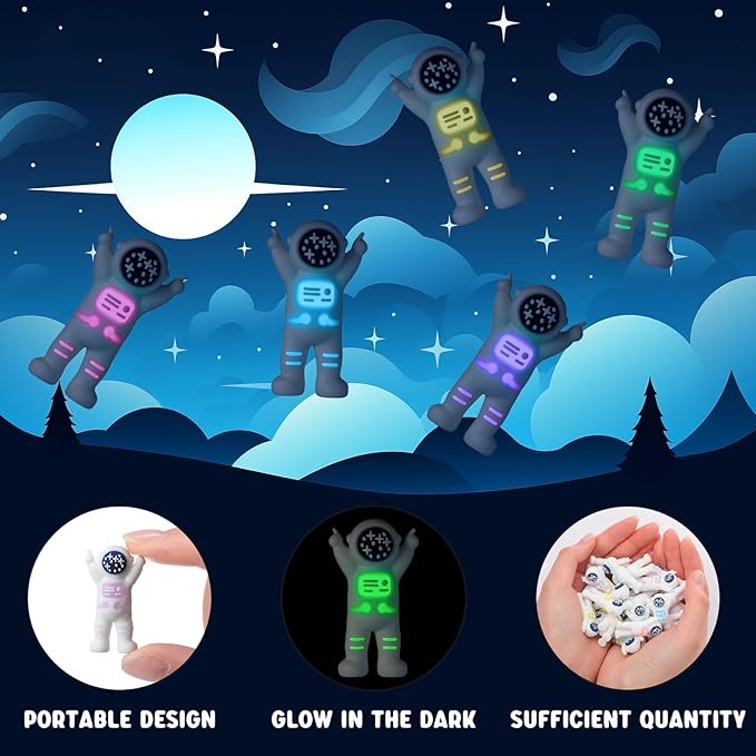 100 Pcs Mini Astronaut Figurines Glow in the Dark Miniature Astronaut Tiny Spaceman Toys for Space Party Piñata Cake Topper Kids School Classroom Prize Gift Hide and Seek (Partial Body Glow)