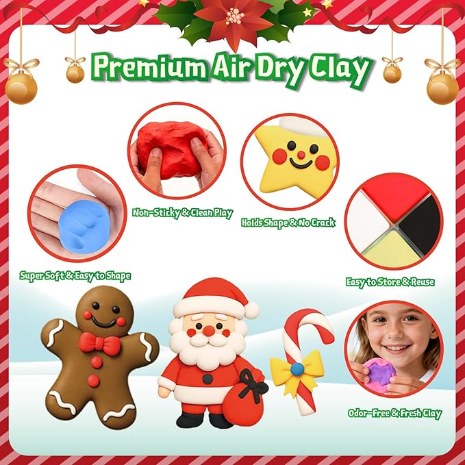 Air Dry Clay Kit Christmas Craft for Kids – 12 Holiday Themes Modeling Clay with Tools & Step-by-Step Guide, DIY Art & Craft Set, Creative Party Favors, Perfect Christmas Gifts & Stocking Stuffers
