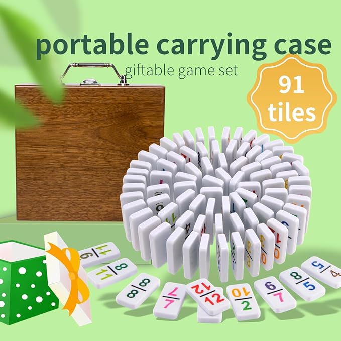 Mexican Dominoes Set in WoodenCase Double 12 Colored Numbers Set with Acrylic Hub, 91 Numbered Domino Tiles, 9 Trains, Family Game for Kids and Adults (Colored Numbers)