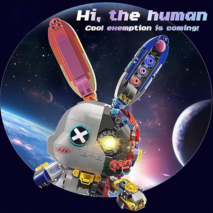 Mechanical Rabbit Building Set - Punk Style Animal Collection Toy Robot Bunny Sets with LED Light Neon Style Collectible Building Toy Home Decor Gift for Boys Girls Adults Teens Kids Ages 12+, 1377PCS