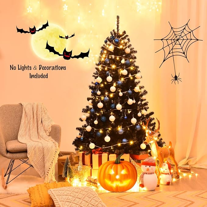 GOFLAME 6FT Artificial Halloween Christmas Tree, 1036 Branch Tips, PVC Needles, Xmas Hinged Pine Tree w/Solid Metal Legs, Unlit Halloween Christmas Tree for Indoor and Outdoor Decoration, Black
