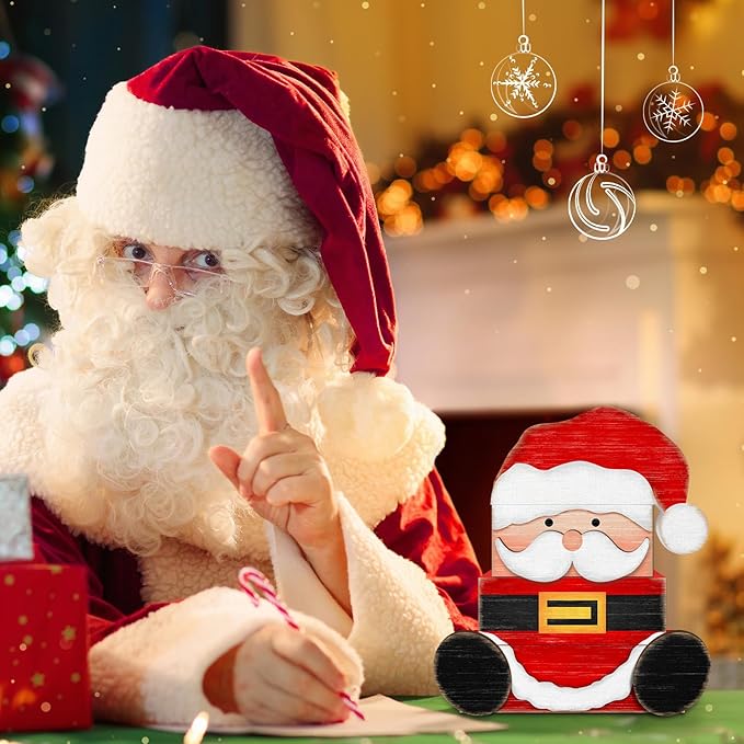 Britimes 4 Pcs Christmas Santa Table Decor Christmas Tiered Tray Decorations Set Santa Stack Block Signs Gift Rustic Farmhouse Tabletop Decor for Table & Home Office