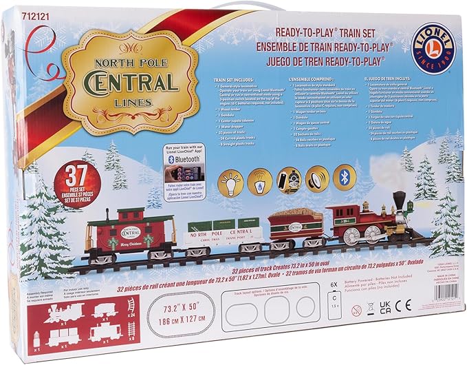Lionel Battery-Operated North Pole Central Freight Toy Train Set with Bluetooth, Locomotive, Train Cars, & Track with Authentic Train Sounds, Lights, & Water Vapor Smoke Effects for Kids 4+