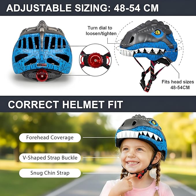 KINGBIKE Toddler Helmet 2-3-5-8 Years Kids Balance Bike Helmets Size Adjustable 3D Dinosaur with Led Light for Skateboard Scooter Cycling Skaterolling