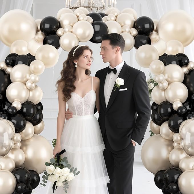 Pearl Sand White and Black Balloon Arch Kit, Double Stuffed White Sand Black Balloons Garland 18/12/10/5 Inch Pearl Balloons for Baby Shower Birthday Wedding Bridal Shower Party Decor