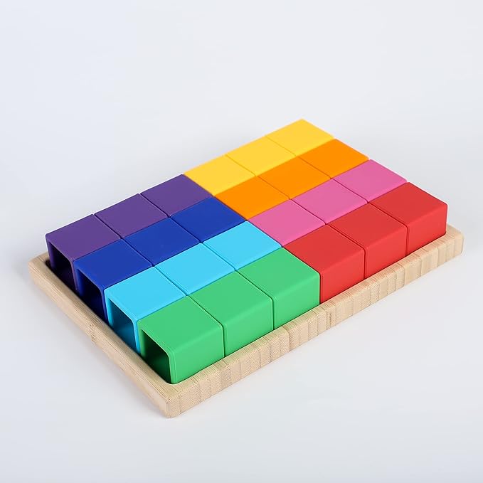 BLUE GINKGO Silicone Rainbow Blocks – [24 PC] Giftable Soft Blocks for Kids, BPA-Free Montessori Stacking Toy with Sorting Tray (Vibrant)