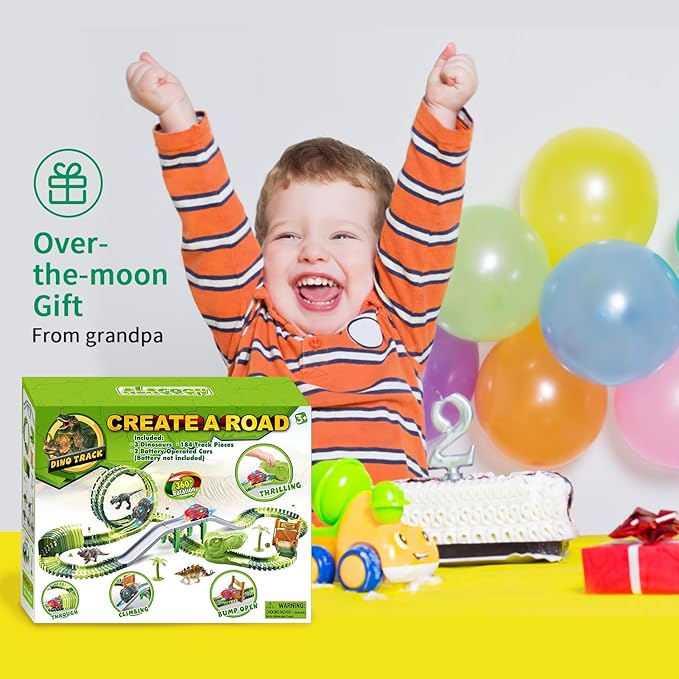Dinosaur Race Track Toys for Kids Toddlers,206PCS Create A Dinosaur World Road Race, Birthday Gift Dinosaur Toys for 3 4 5 6 7 8Years Old Boys and Girls,Flexible Train Tracks with 2 Race Cars