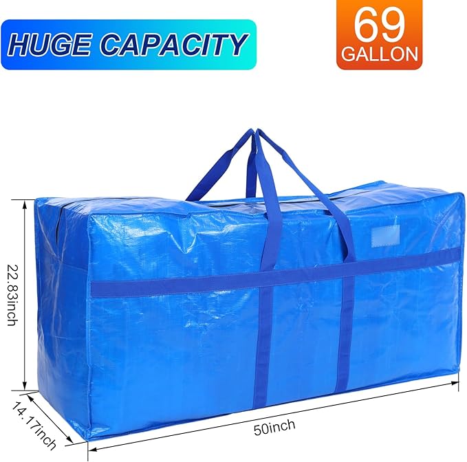 Windyun 4 Pack 69 Gallon Extra Large Storage Bags XXL Moving Bags with Zipper Handles Heavy Duty Jumbo Big Totes Box for Halloween Skeleton 4-12 Feet Christmas Tree Storage College Dorm Cloth (Blue)