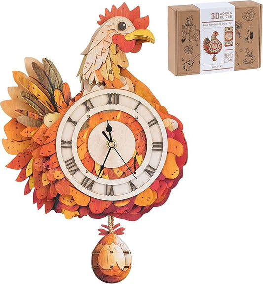 3D Wooden Puzzles for Adults, Hen Wall Clock DIY Set (with Pendulum), Beginner 29 Pcs Wooden Puzzles, Creative Gift Ideas for Adults Teens