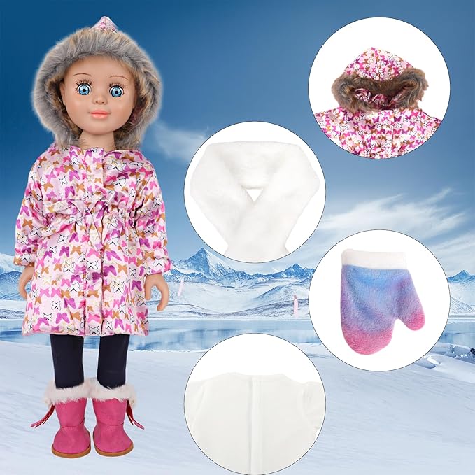 18-inch Doll Down Jacket, Doll Winter Clothing Set, 5 Different Colors and Patterns Available. (Pink-Butterfly Print)