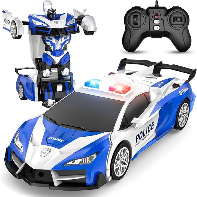 Remote Control Car, One-Button Transform Toys Car, 2.4GHz RC Cars 1:18 Scale, 360 Degree Rotation Police Car Toy Transforming into Robot Toy for Boys Girl Kids 4-7 8-12 6-8, Birthday