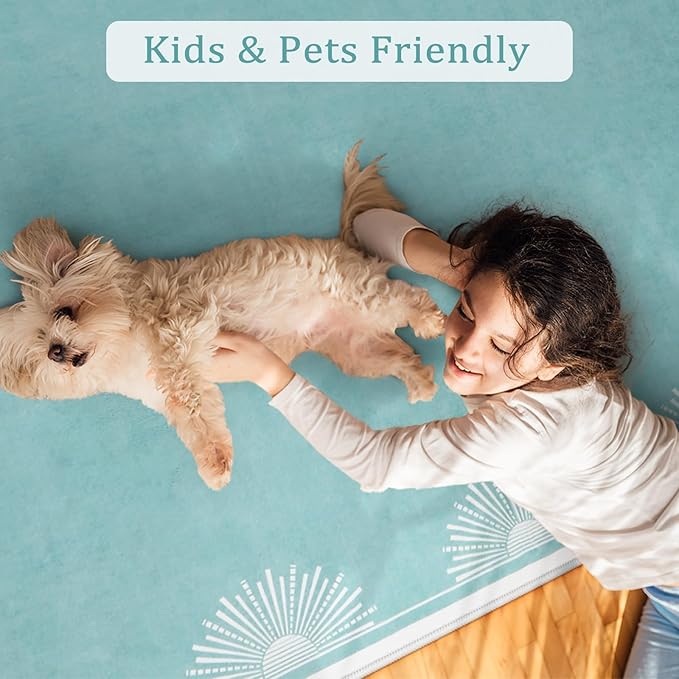 Modern Bedroom Rug 8x10 Under Bed, Low Pile Teal Washable Rugs for Living Room,Soft Sun Printed Large Rug,Aqua Dining Room Rugs for Under Table Classroom Dorm(8x10ft,Teal)