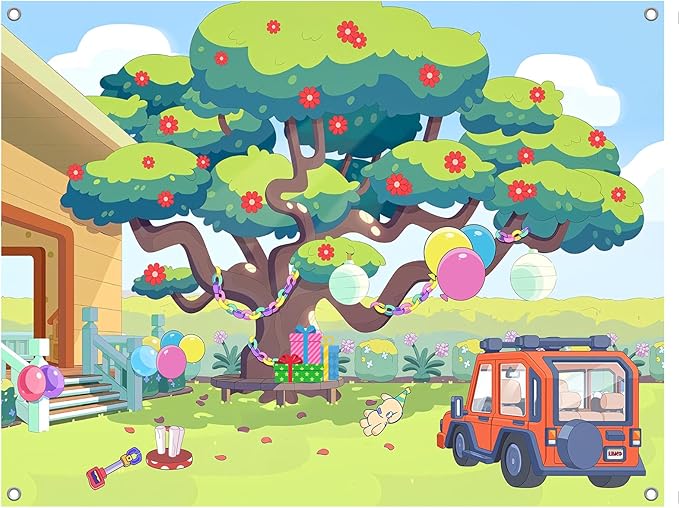 8x6FT Cartoon Dog Garden Tree Backdrop, Blue Sky Ballon Birthday Polyester Photography Background for Parties, Happy Birthday Photo Booth Prop Decorations