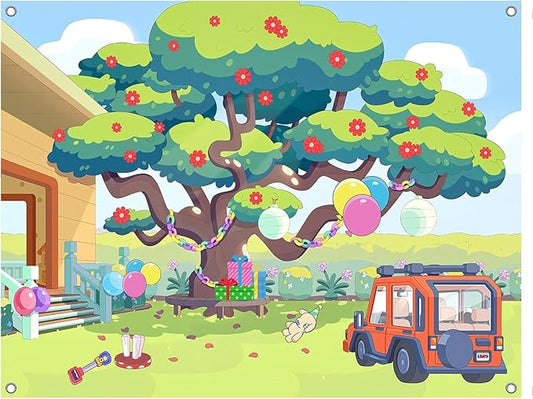 8x6FT Cartoon Dog Garden Tree Backdrop, Blue Sky Ballon Birthday Polyester Photography Background for Parties, Happy Birthday Photo Booth Prop Decorations