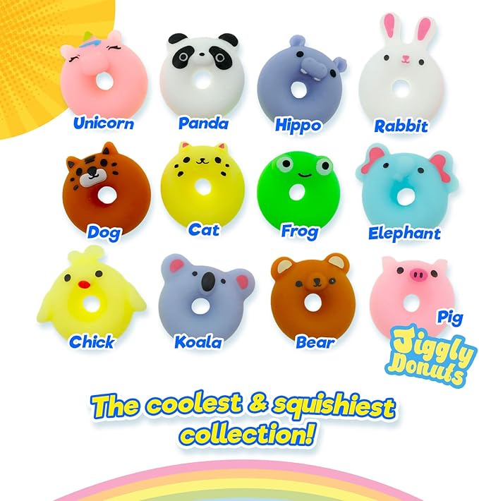 JA-RU Mochi Squishy Donut Animals (24 Pack; 144 Toys Assorted) Kawaii Mini Squishies for Kids. Stress Relief Fidget Toys. Bulk Party Favors Birthday Goodie Bags Classroom Prizes. 3352-24