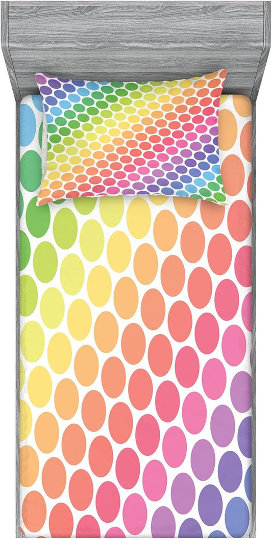 Ambesonne Polka Dots Fitted Sheet & Pillow Sham Set, Polka Dots in Soft Rainbow Colors Big Points Eternal Shapes Retro Pattern, Decorative Printed 2 Piece Bedding Decor Set, Twinxl, Pink Yellow