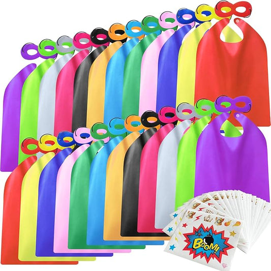 Superhero Capes and Masks for Kids Boys Girls 24 sets with Stickers Decoration for Super hero themed Birthday Party or Class Activity