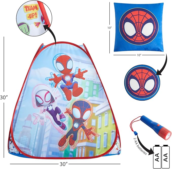 Marvel Spidey and His Amazing Friends 3 Piece Adventure Slumber Set,Pop-Up Play Tent,Pillow & Flashlight,Fun Playhouse for Kids Ages 3