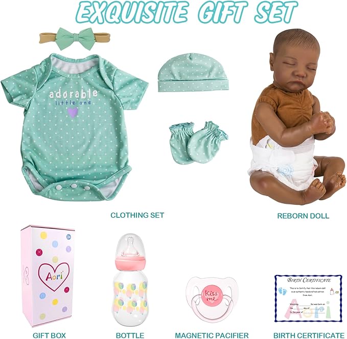 Aori Lifelike Reborn Baby Dolls Black - 18 Inch Realistic Newborn Baby Dolls Black American Real Life Babies Dolls Cloth Body with Feeding Kit & Gift Box for Kids Age 3+