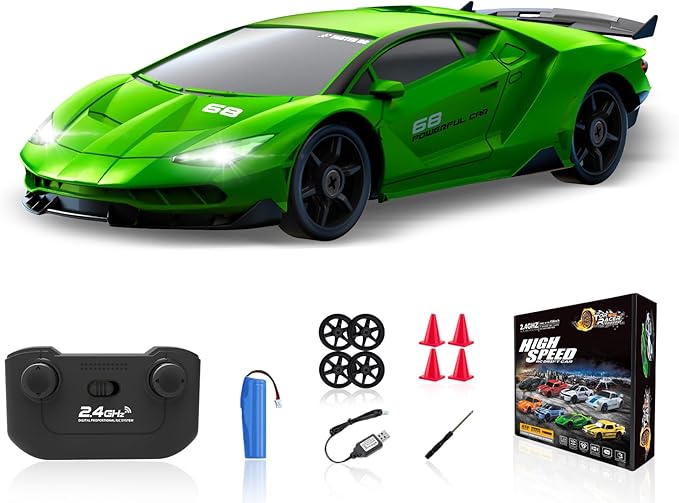 Remote Control Car RC Cars Toys for Boys, 1/24 2.4GHz 4WD RC Drift Car Racing Drift Hobby Racing Car Toys with Light Rechargeable Battery and Drift Tires Xmas Toys for Kids Green