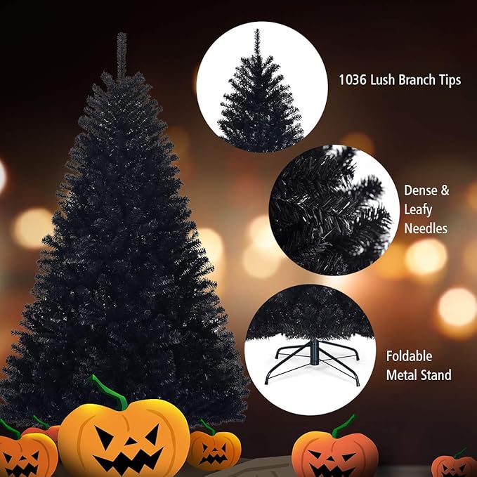 GOFLAME 6FT Artificial Halloween Christmas Tree, 1036 Branch Tips, PVC Needles, Xmas Hinged Pine Tree w/Solid Metal Legs, Unlit Halloween Christmas Tree for Indoor and Outdoor Decoration, Black