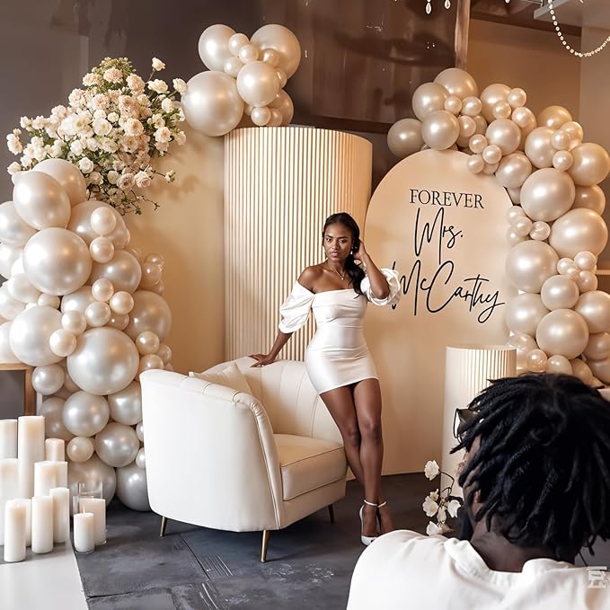 Pearl White Double-Stuffed Balloons Arch Garland Kit, 60 Pack 18/12/10/5 Inch Different Size Sand White Pearl Ivory Balloons for Wedding Bridal Shower Anniversary Birthday Engagement Decor