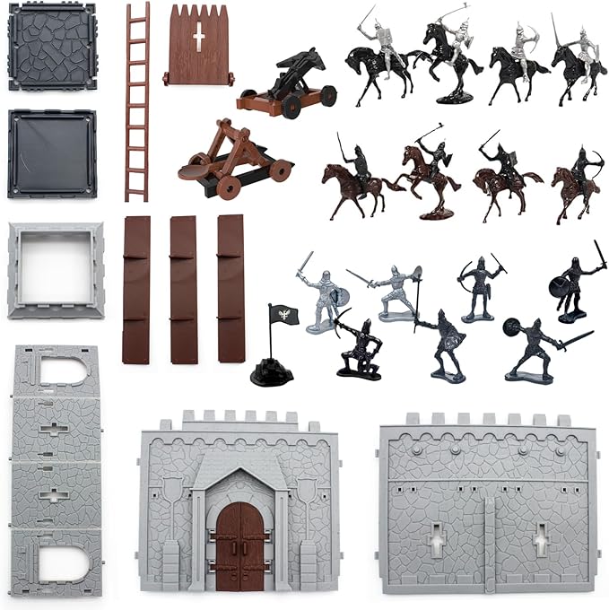 Medieval Castle Knight Toy Soldier Army Figurines, DIY Assembled Cavalry, Arrow Tower,8 Knights and 8 Horse, 36 Soldiers, Simulated Siege War of Attack Castle Toy for Boys