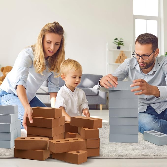 Deekin 30 Pcs Foam Brick Building Blocks for Kids Thick Blocks Foam Large Fake Brick Construction Toy for Stacking Construction, 8 x 4 x 2.4 in(Square Circle Holes)