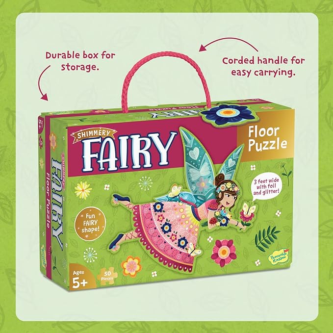 Peaceable Kingdom Shimmer & Glitter Fairy Floor Puzzle – 50pc Giant Floor Puzzle for Kids Ages 5 & up – Fun-Shaped Puzzle Pieces – Great for classrooms