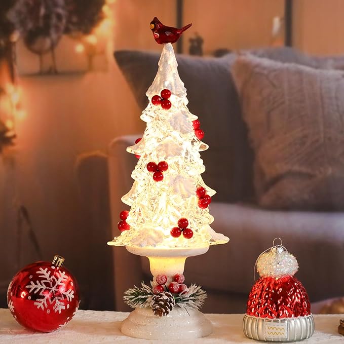 Acrylic Christmas Tree Table Decor - 14" Light up LED Christmas Tree with Cardinal, Battery Operated Warm Holiday Party Mantel Decorations Gifts for Family & Cardinal Lovers, White