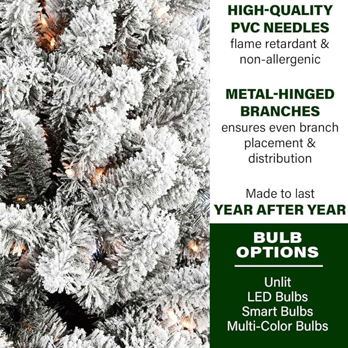 Fraser Hill Farm 10-Ft. Alaskan Pine Flocked Artificial Christmas Tree with Stand, Unlit Foldable Fake Tree with Realistic Snowy Foliage for Home Decoration